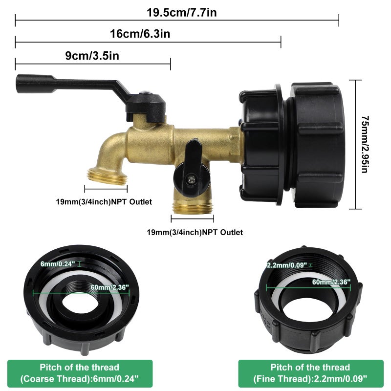 CNYGO 275-330 Gallon IBC Tote Water Tank Adapter  2 in 1 Double Faucets 2.36"" Coarse Thread+ 2.36""Fine Thread IBC Tote Valve Fittings Brass Hose Faucet Garden Hose Connector Replacement Parts - Image 3